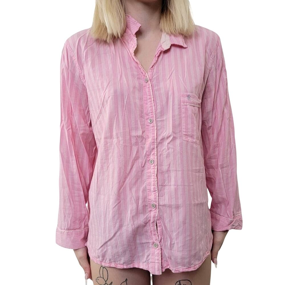 Victoria's Secret Pink Pajama Striped Button Down Sleep Shirt - L